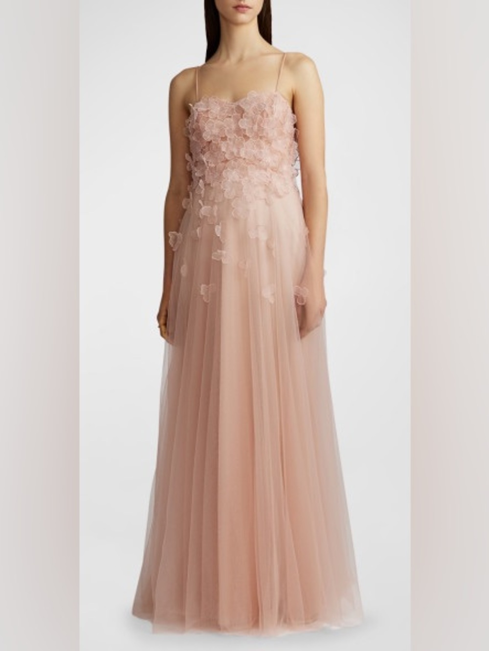ZAC POSEN Strapless Floral 3D Appliqué tulle gown Size 6 Blush Pink dusty Rose